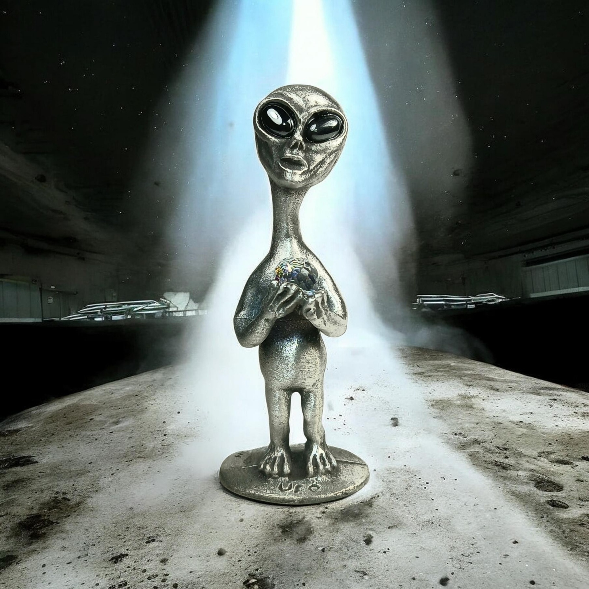 Alien figurine with large black eyes and a long neck, holding a faceted orb beneath a blue beam of light.