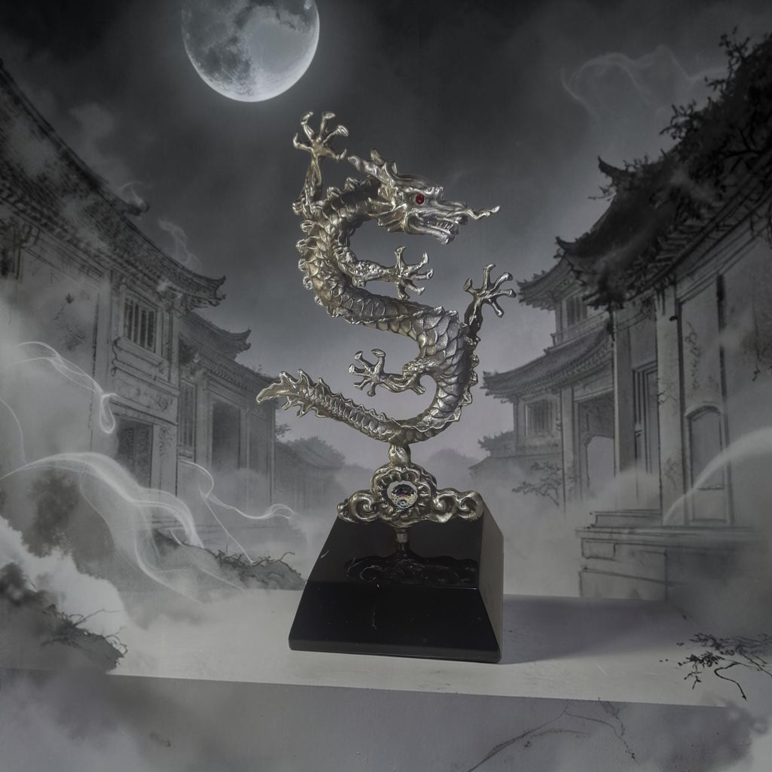 Long-bodied dragon sculpture with a red eye and raised claws, mounted on an ornate stand above a black base.