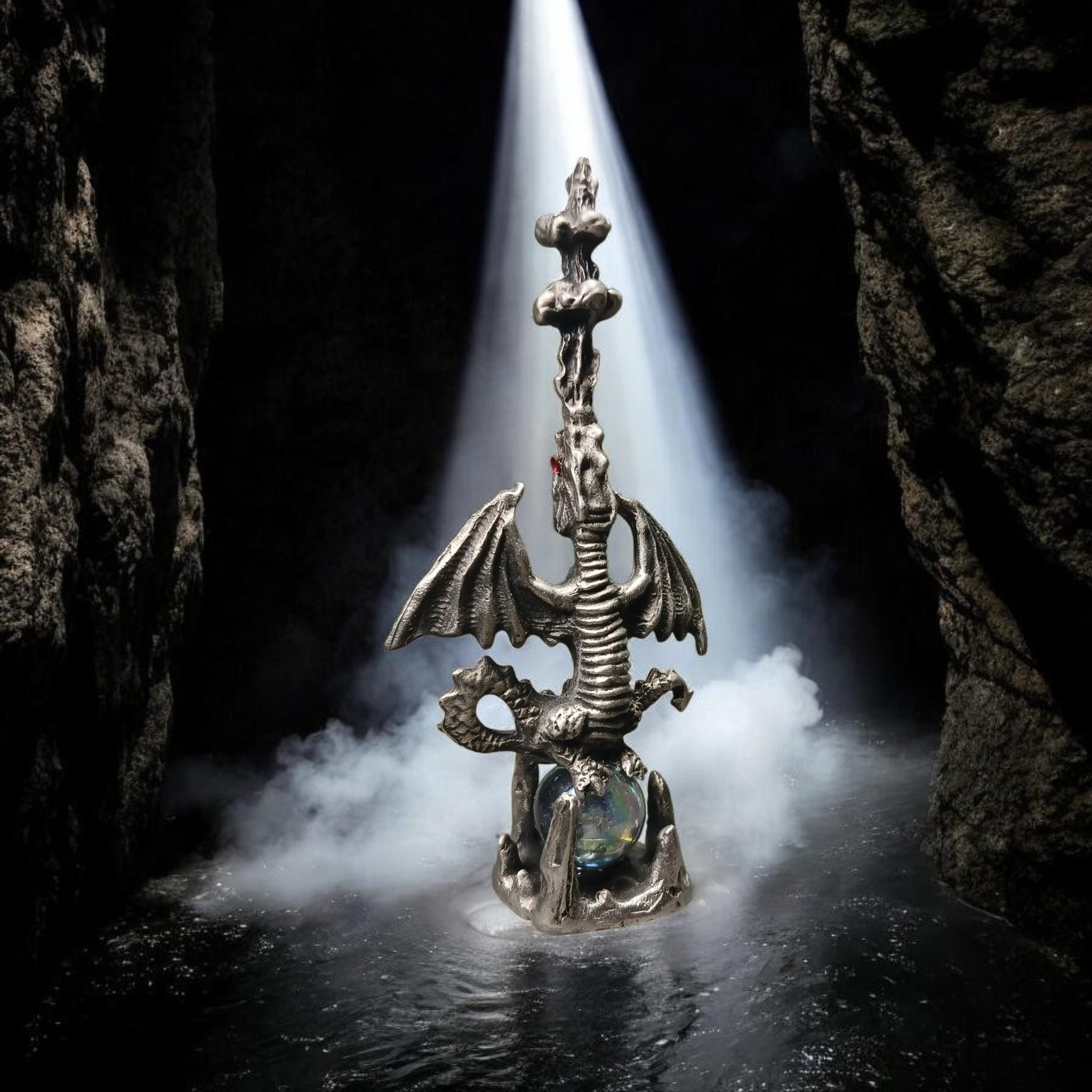 Upright dragon sculpture with spread wings, a faceted orb and a curling plume above its head.