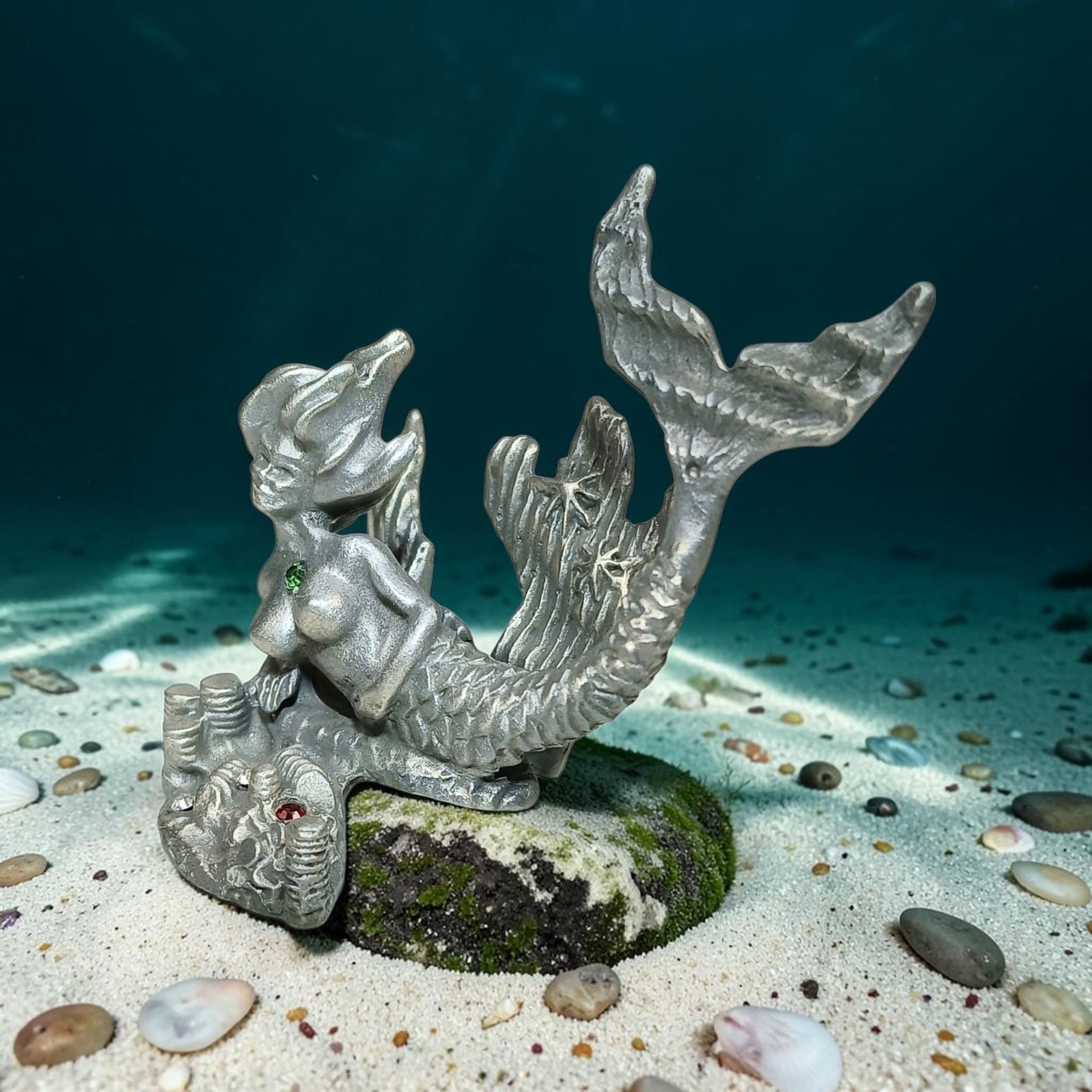 Mermaid sculpture with a raised tail and flowing hair beside a treasure chest and stacks of coins.