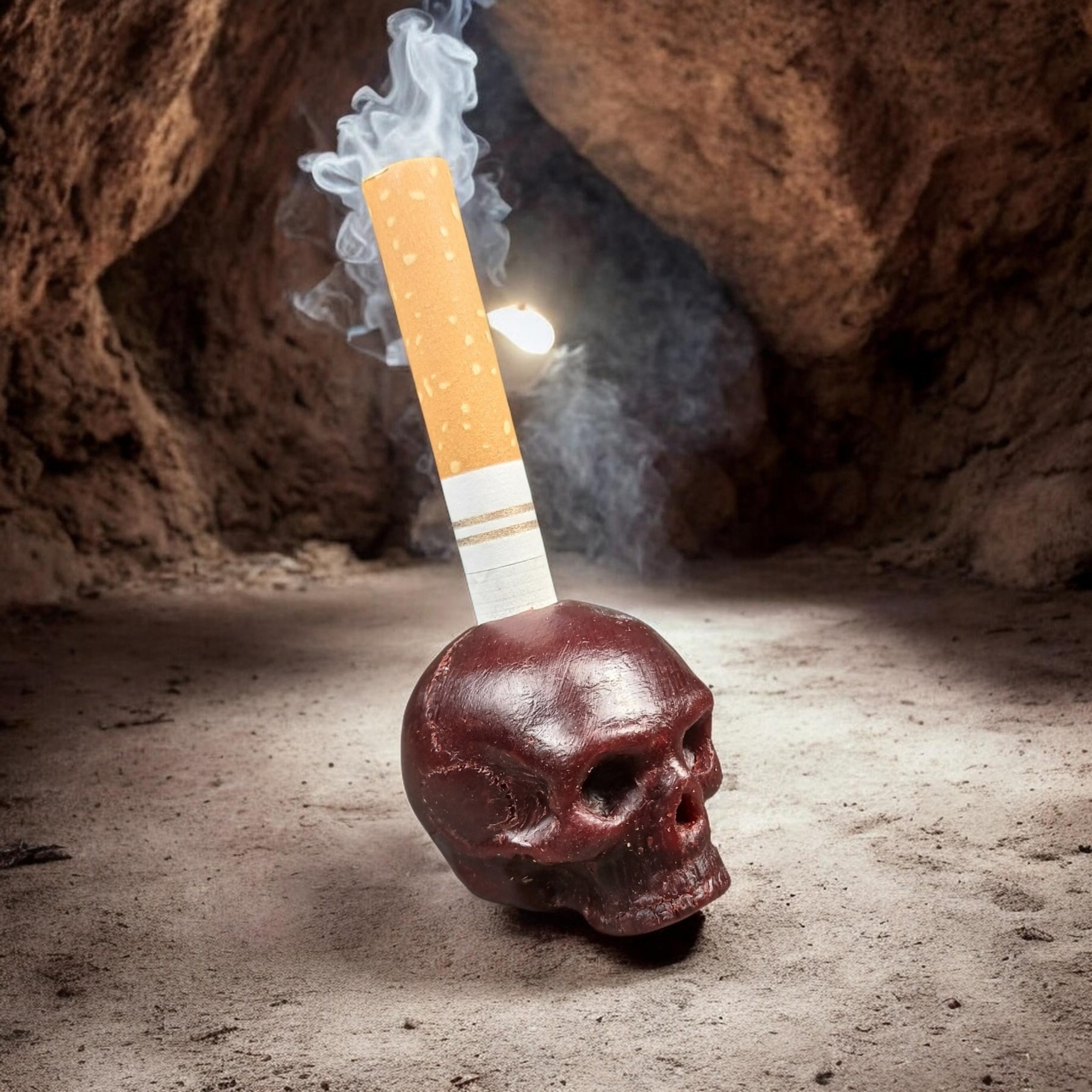 Red skull ornament with a cigarette extending from the top, photographed against a rocky backdrop.